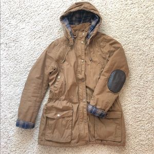 Tan/cognac parka hooded parka with elbow detail